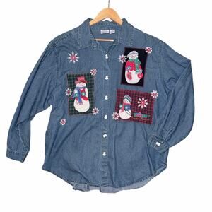 Vintage Carolina blues 100% cotton denim button front shirt snowman holiday 22